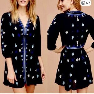 Free People Stargazer Black Mini Dress with Blue Embroidery